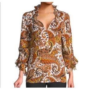Kobi Halperin brown 100% silk paisley Boho peasant cottage blouse ruffle MOD S
